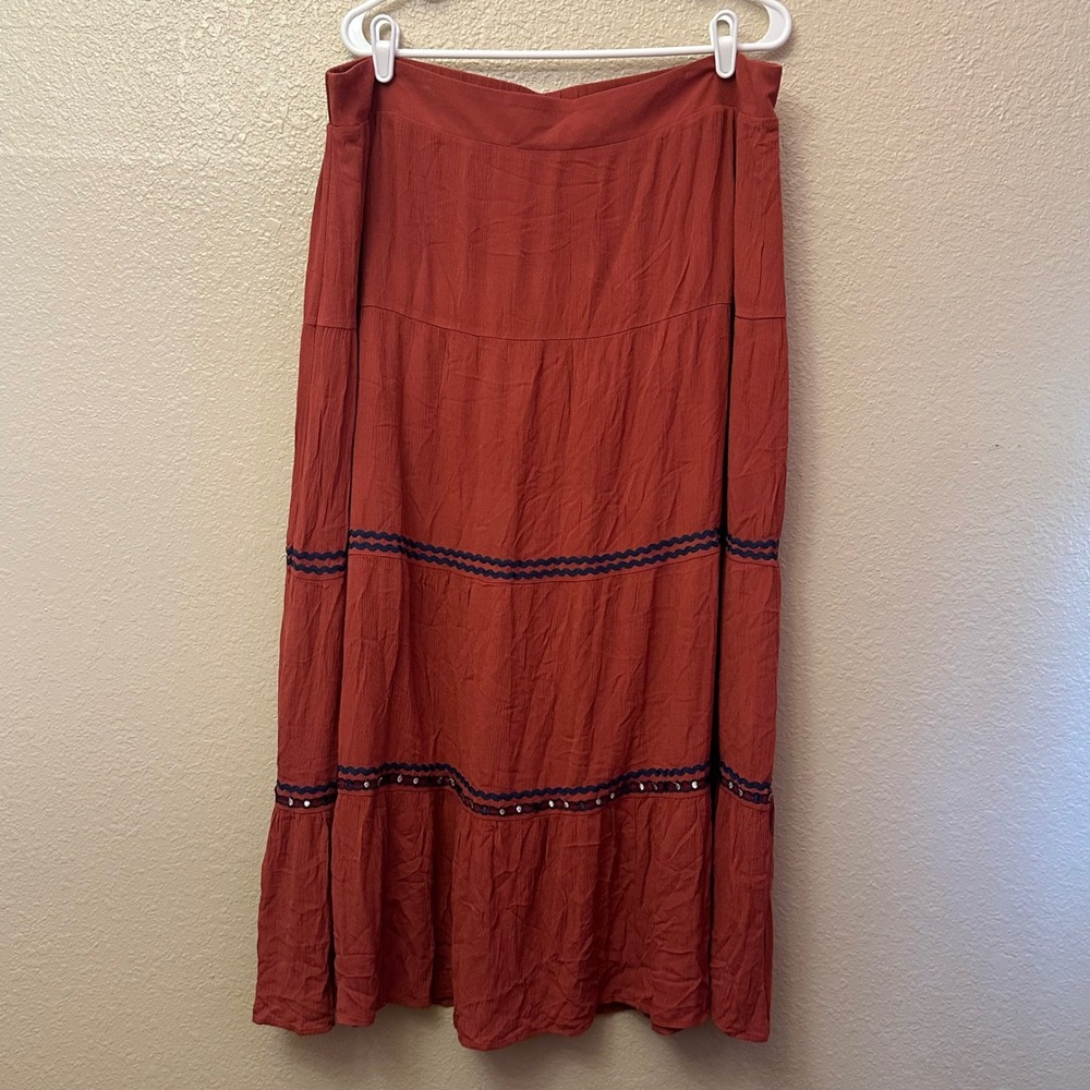 Now + Gen x Sonoma Rust Orange Tiered Crinkle Gauze Boho Maxi Skirt Women's 0X